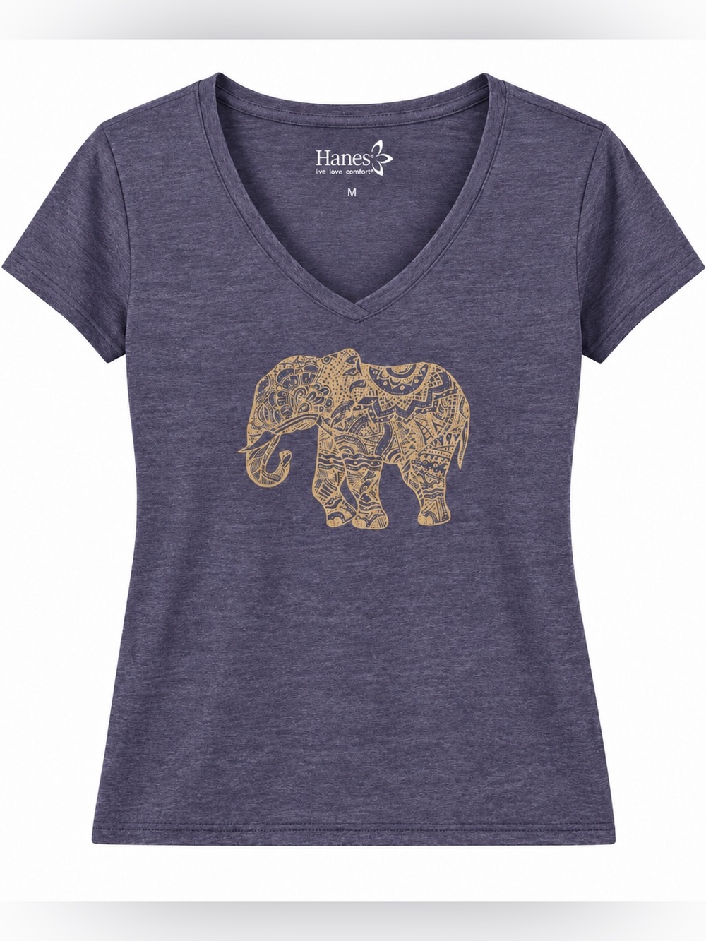 Hanes Women’s ' Heather Purple V-Neck Tee with Gold Elephant Graphic
